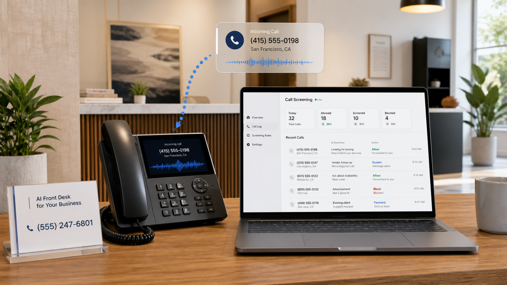 Business phone and call-screening dashboard for an AI front desk